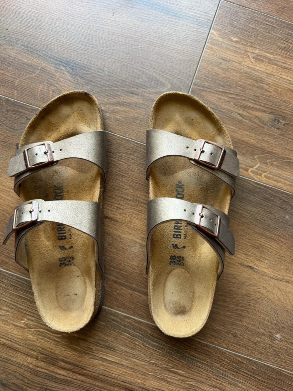 Birkenstock Sydney Two-Strap Metallic Taupe Sandals (medium/narrow width)